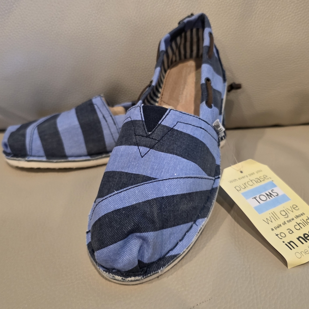TOMS Blue Striped Denim Twill Bimini Stitchout Flats